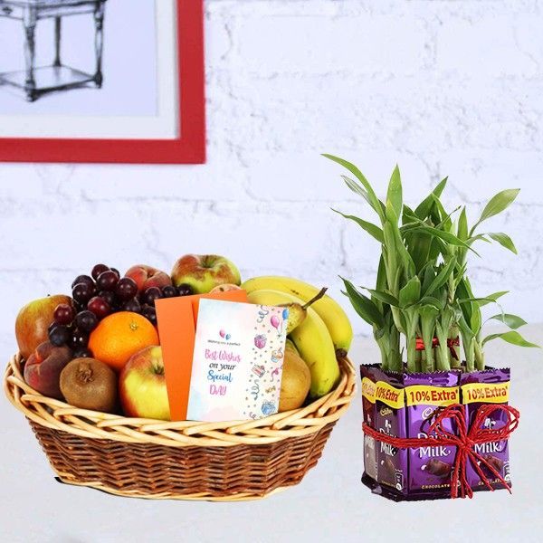 Dairy Milk Lucky Bamboo Hamper With Fruit Basket