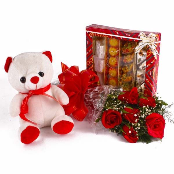 Assorted Sweet Box With Red Roses And Teddy Bear Combo
