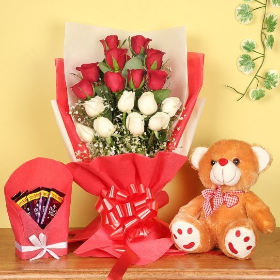 Red Roses And Teddy Bear Combo