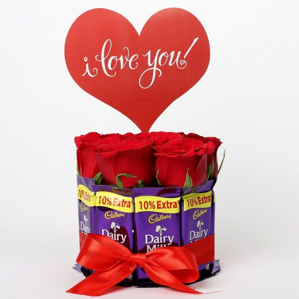 Red Roses And Dairy Milk Arrangement