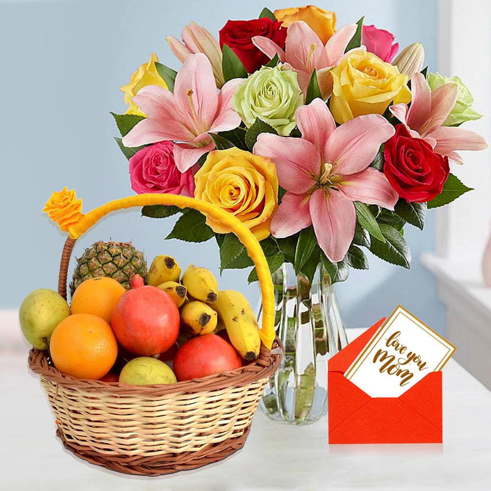 Colorful Roses & Lilies with Fruits For Mom
