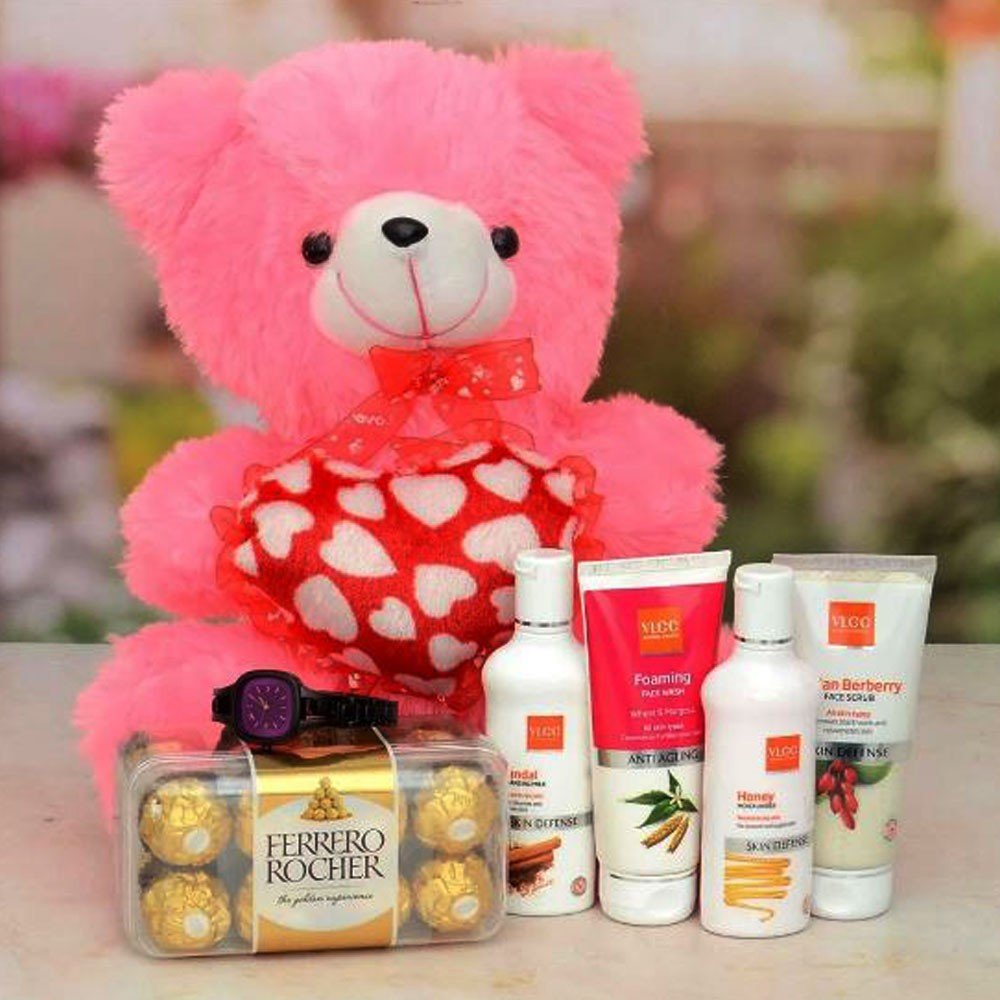 Ladies Watch With Cosmetics & Teddy Hamper