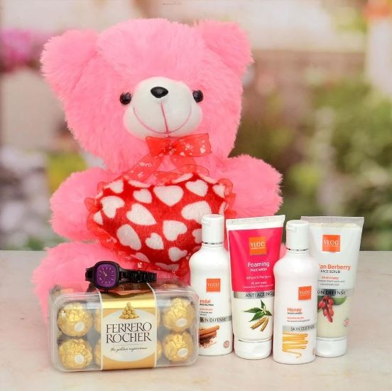 Ladies Watch With Cosmetics & Teddy Hamper