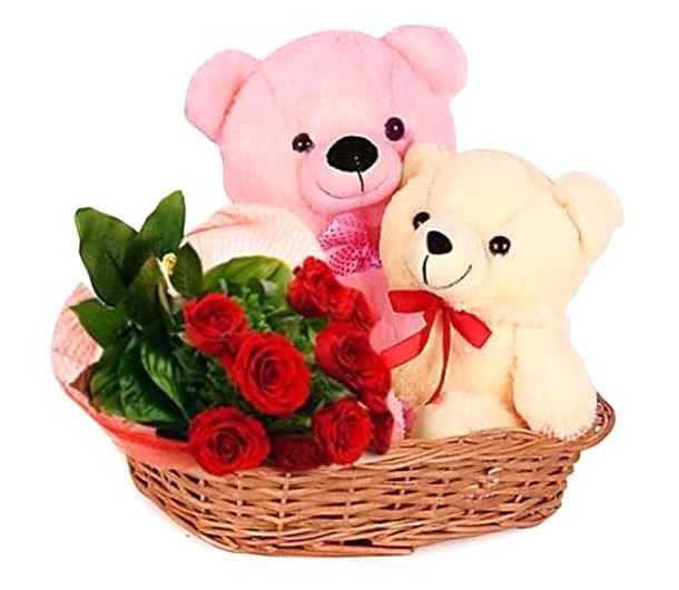 teddy bear with a bouquet of beautiful flowers