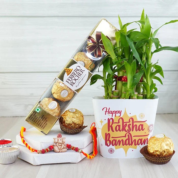 Golden Ganesha Rakhi With Lucky Bamboo Combo