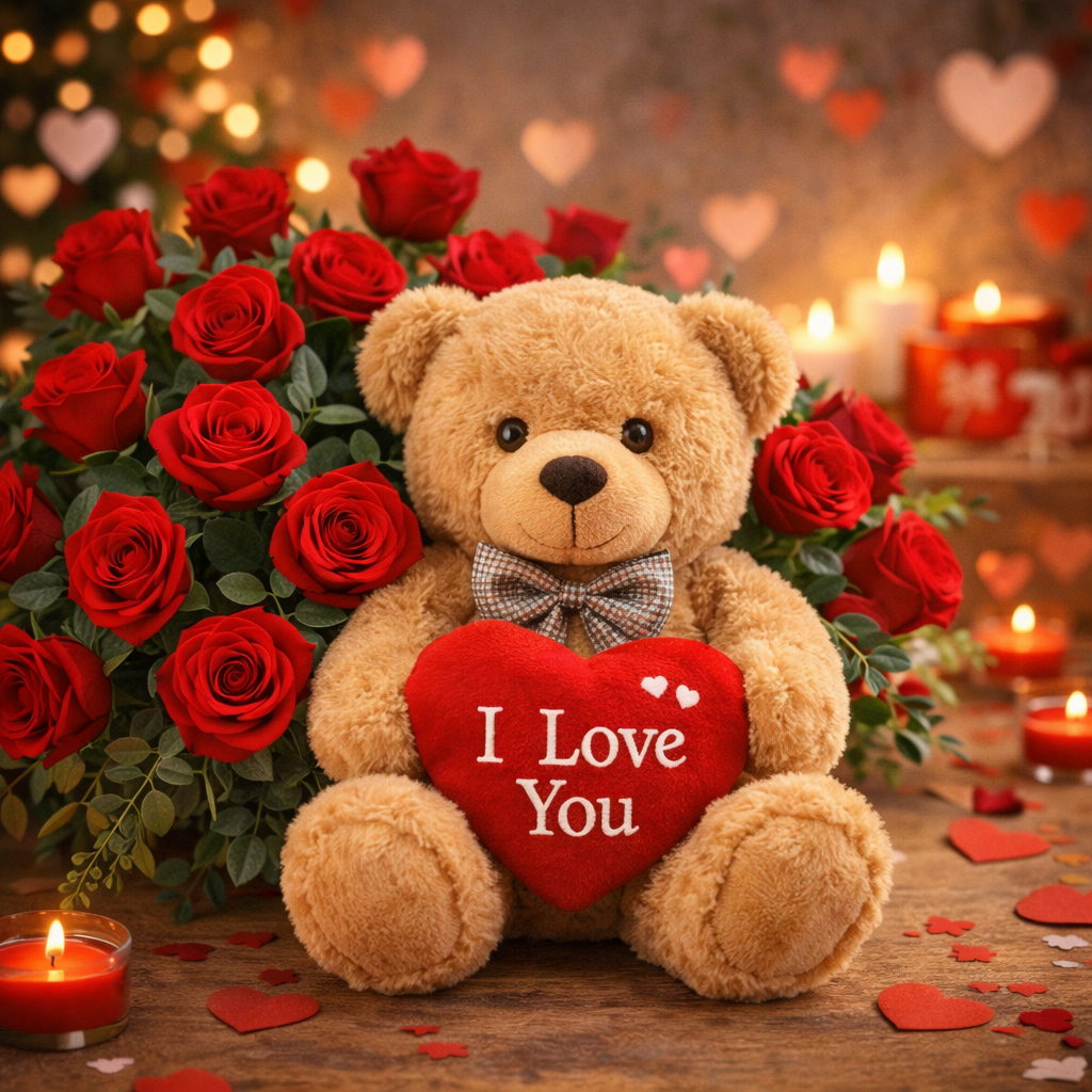 Red Roses with Teddy Love