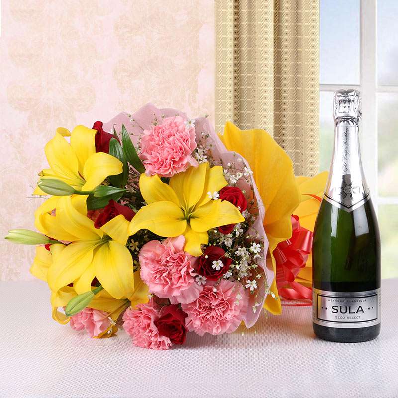 Mix Seasonal Flower Bouquet with Wine Bottle