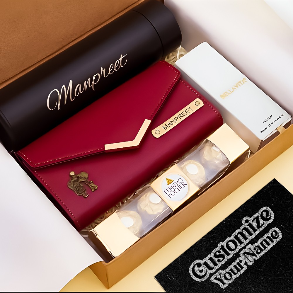 Customized Combo of Bottle, Red Clutch with perfume