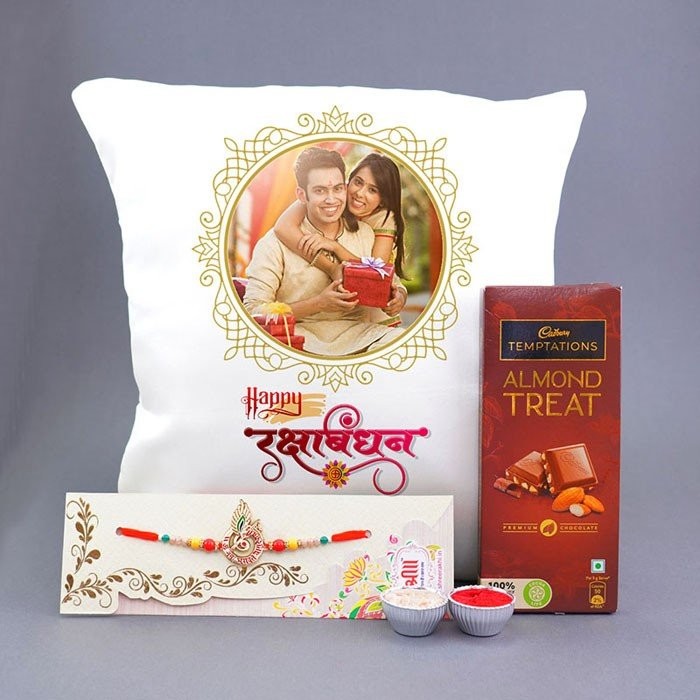Auspicious Rakhi With Personalised Cushion N Choco