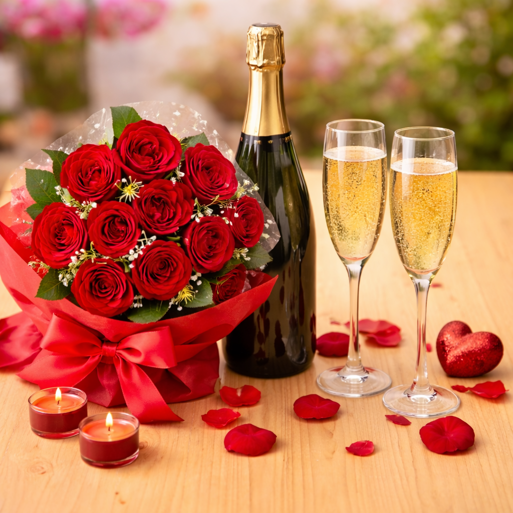 Champagne and Red Roses